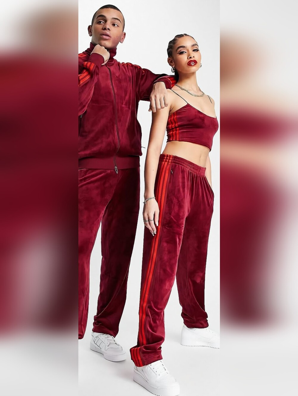 Adidas IVY PARK Burgundy Velour Track Pants and Crop Top